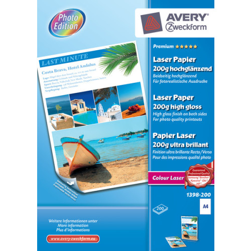 AVERY Avery Premium Colour Laser, A4, 200g datapapper A4 (210x297 mm) Glansigt 200 ark Vit