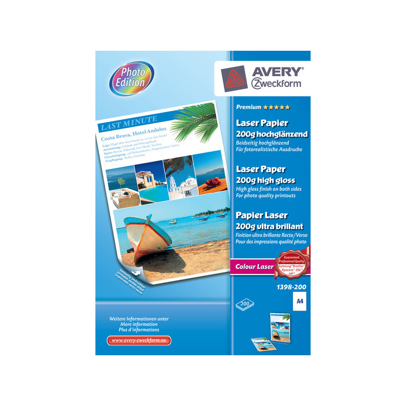 Produktbild för Avery Premium Colour Laser, A4, 200g datapapper A4 (210x297 mm) Glansigt 200 ark Vit