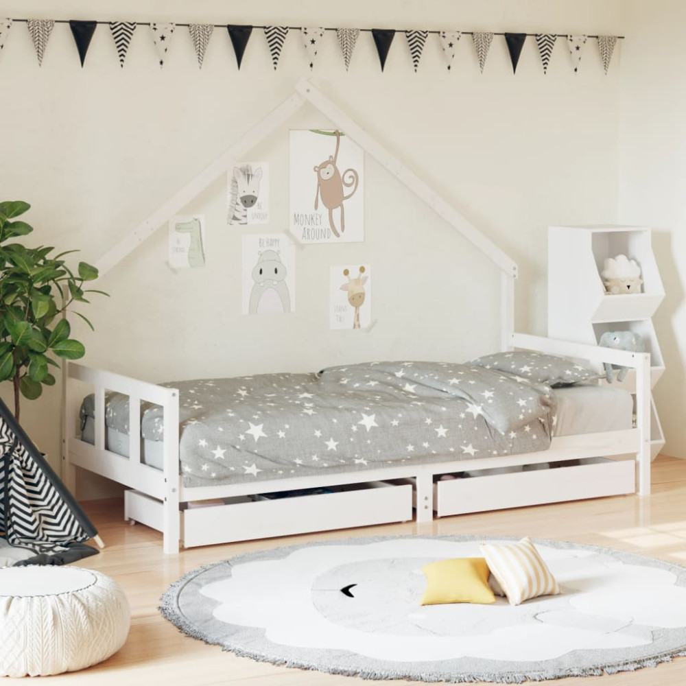 Produktbild för Sängram med lådor för barn vit 90x190 cm massiv furu