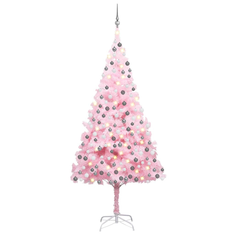 Produktbild för Belyst plastgran med kulor rosa 210 cm PVC