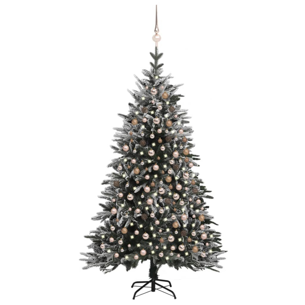 Produktbild för Plastgran med LED och julgranskulor och snö 210 cm PVC&PE