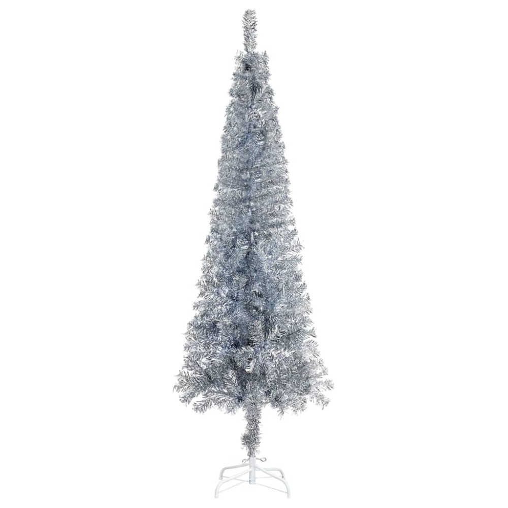 Produktbild för Belyst plastgran slimmad med kulor silver 150 cm