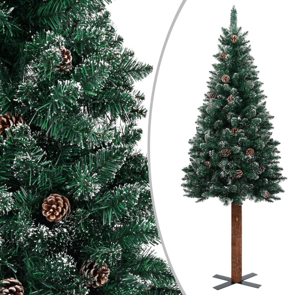 Produktbild för Smal plastgran med äkta trä och kottar vit snö grön 150 cm