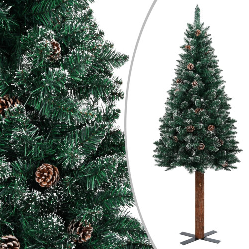 vidaXL Smal plastgran med äkta trä och kottar vit snö grön 150 cm
