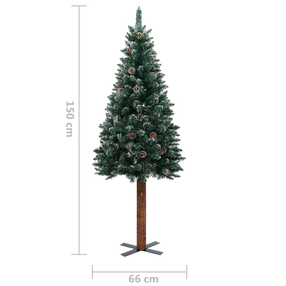 Produktbild för Smal plastgran med äkta trä och kottar vit snö grön 150 cm