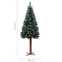 Produktbild för Smal plastgran med äkta trä och kottar vit snö grön 150 cm