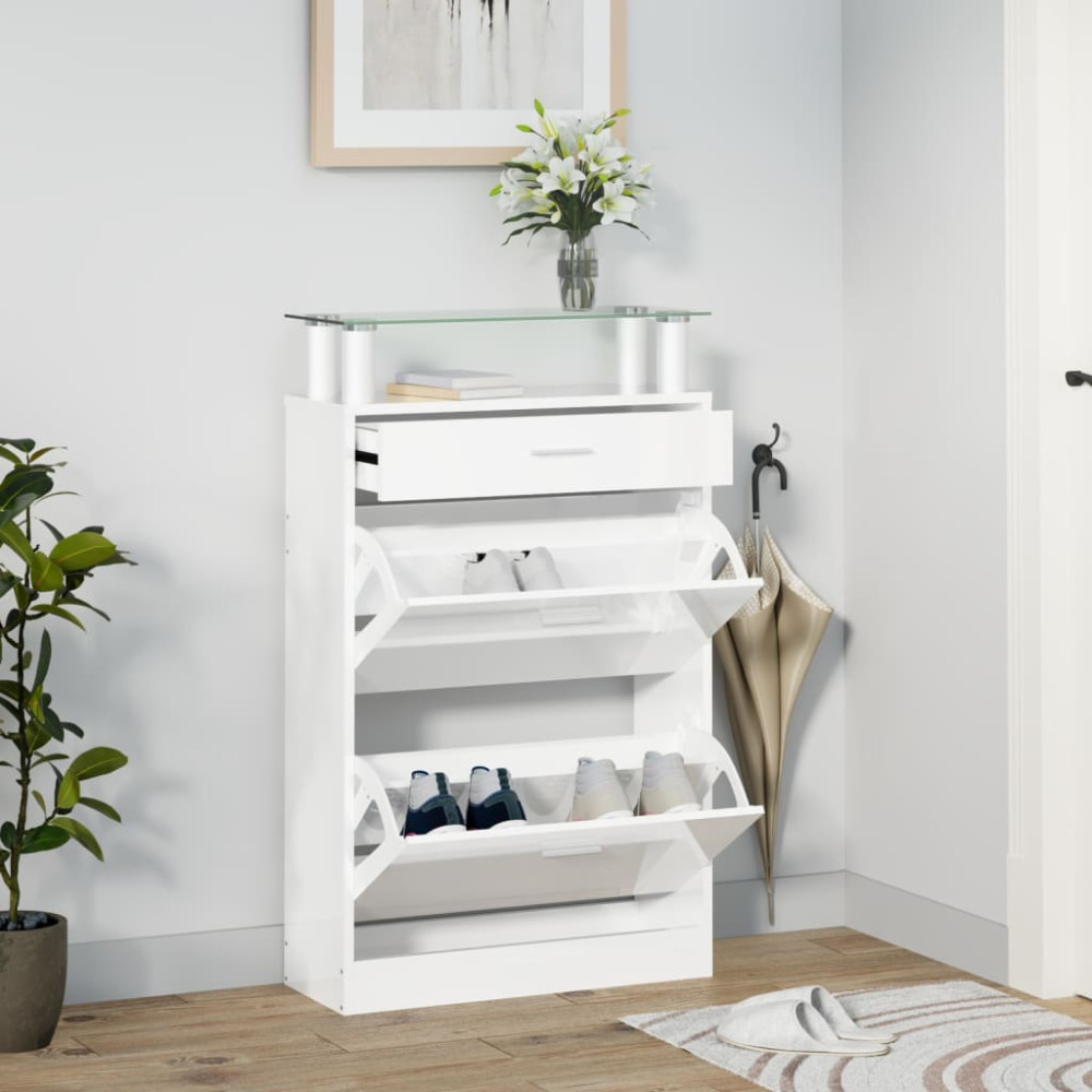 Produktbild för Skoskåp vit högglans 63x24x104 cm konstruerat trä