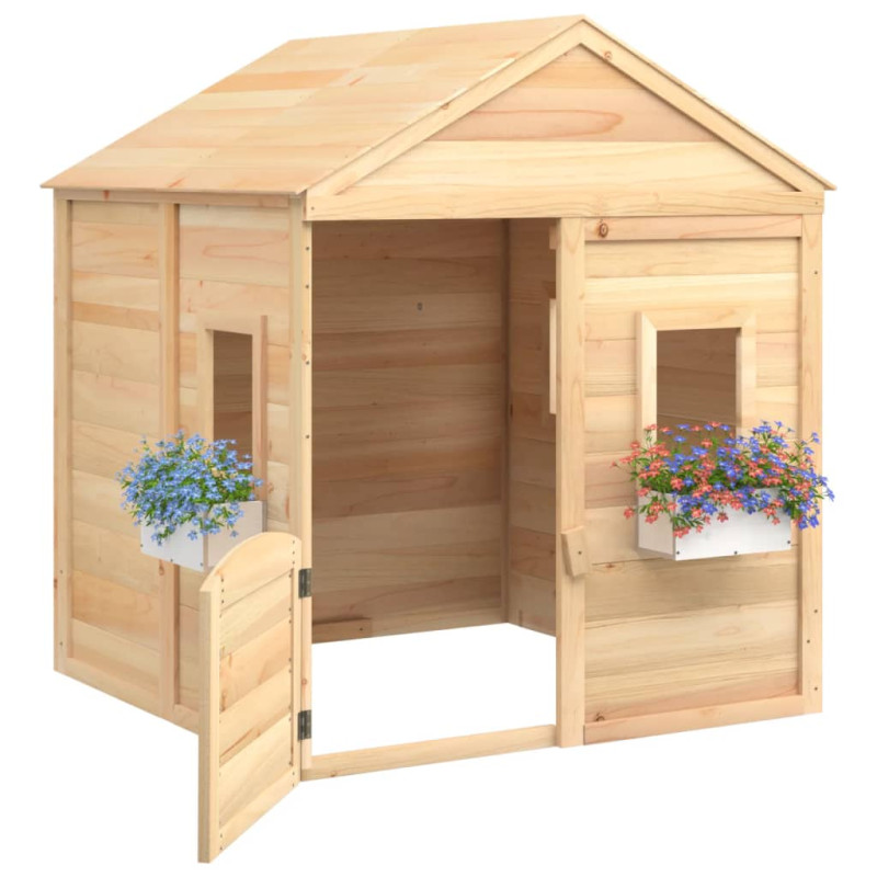 Produktbild för Lekstuga med låsbar dörr och blomkrukor massivt granträ