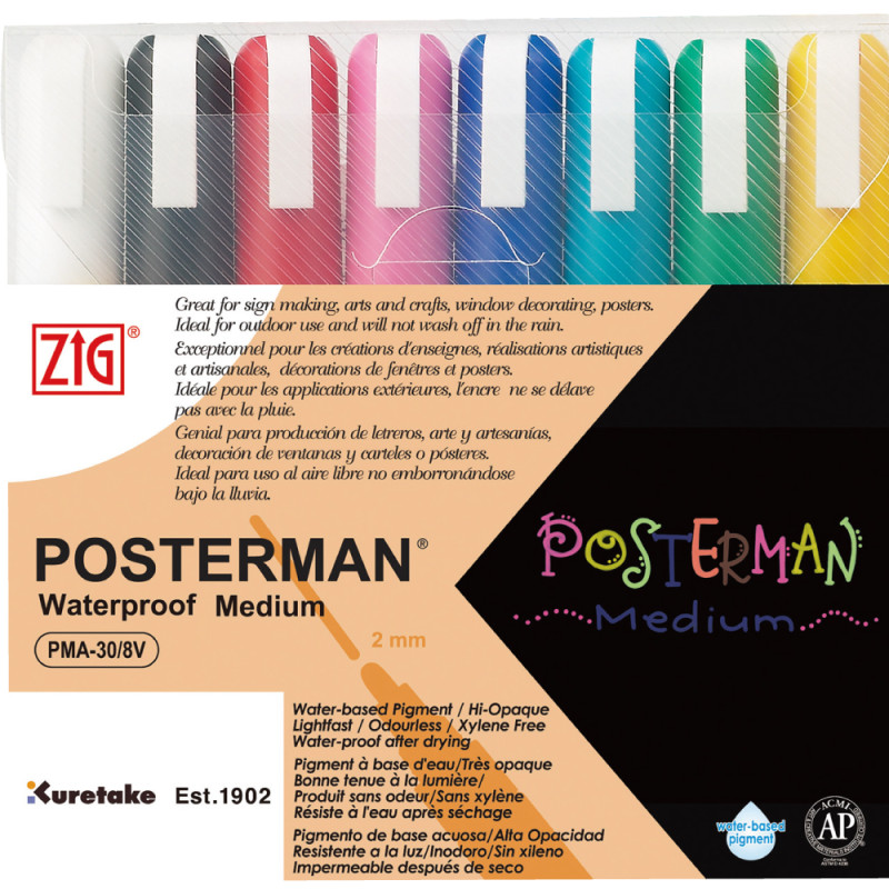 Produktbild för ZIG POSTERMAN Medium kritpenna Svart, Blå, Grön, Ljusblå, Rosa, Röd, Vit, Gul 8 styck