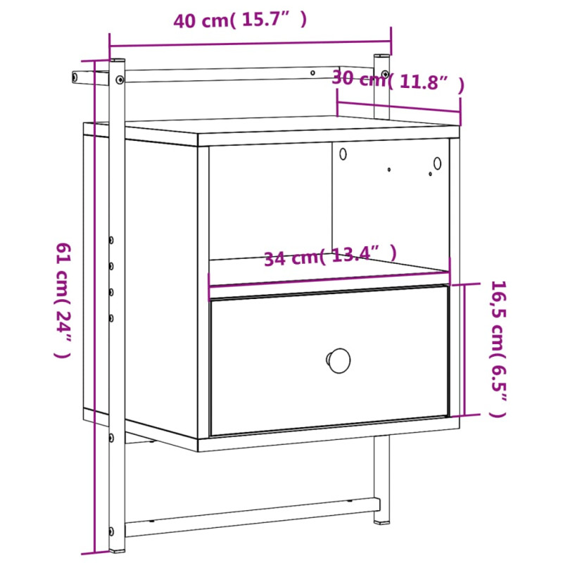 Produktbild för Sängbord väggmonterat rökfärgad ek 40x30x61 cm konstruerat trä