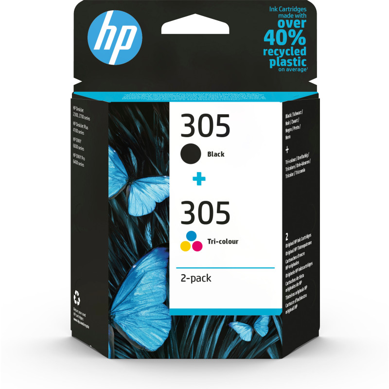 Produktbild för HP 305 2-pack med trefärgs/svarta originalbläckpatroner