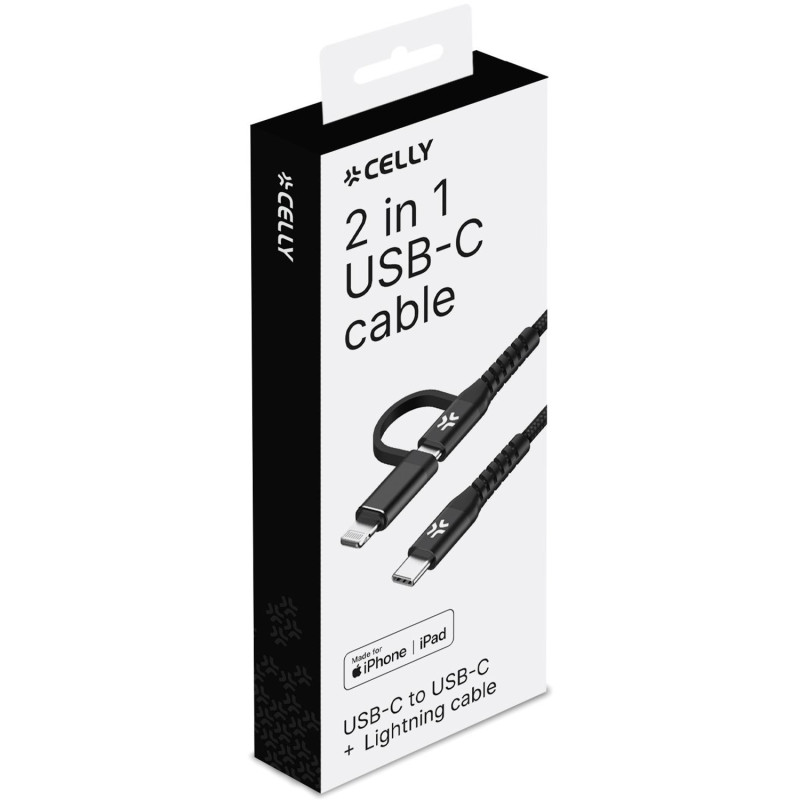 Produktbild för 2-i-1-kabel USB-C - USB-C/Lightning 60W 1m Svart