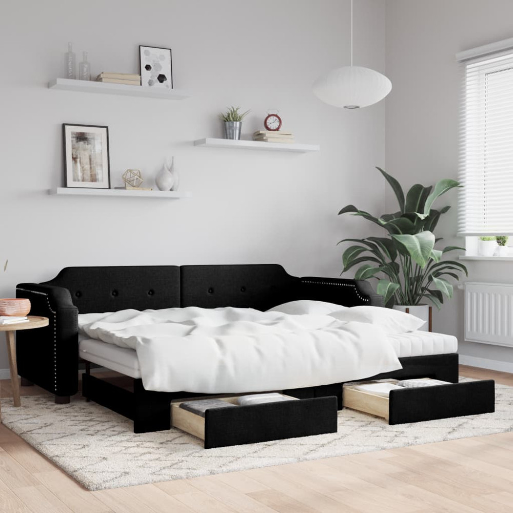 Produktbild för Dagbädd utdragbar med lådor svart 90x190 cm tyg