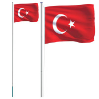 Produktbild för Turkiets flagga och flaggstång 6,08 m aluminium
