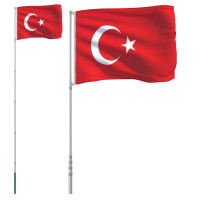 Produktbild för Turkiets flagga och flaggstång 5,5 m aluminium