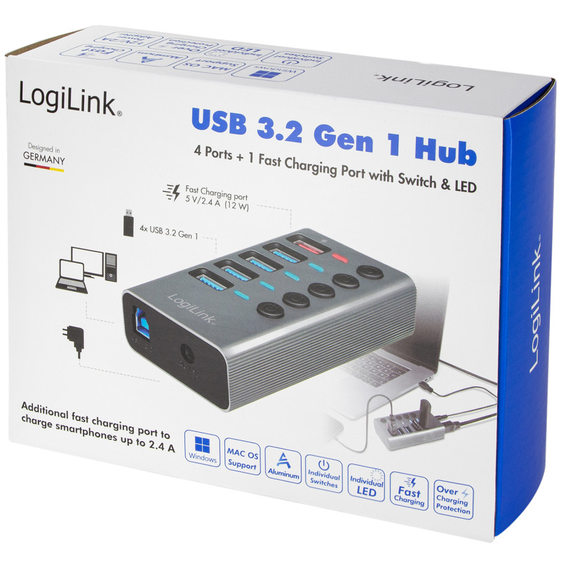 Produktbild för USB-hub 4+1-port med separata På/Av-knappar USB 3.2 Gen 1