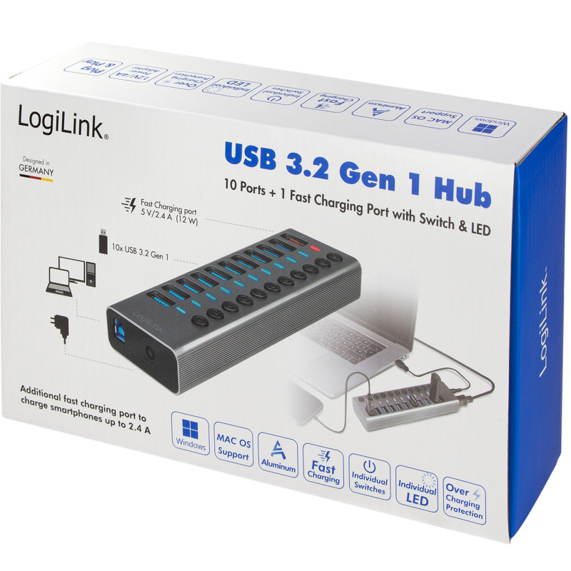 Produktbild för USB-hub 10+1-port med separata På/Av-knappar USB 3.2 Gen 1