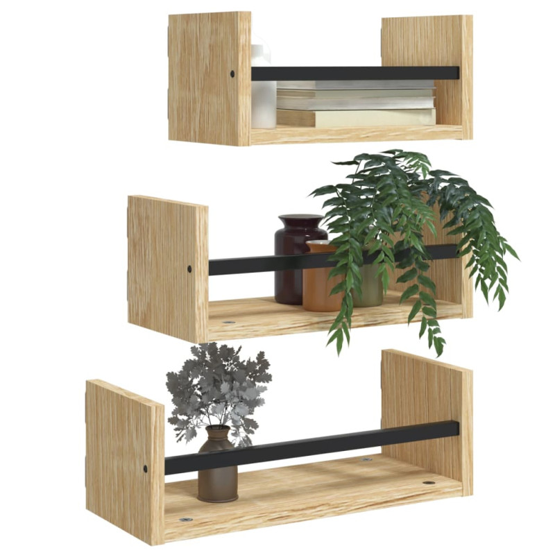 Produktbild för Vägghyllor 3 st med stänger sonoma-ek konstruerat trä