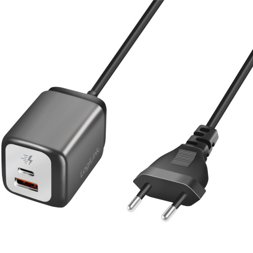 LogiLink USB-laddare 1xUSB-A + 1xUSB-C med fast kabel 1,5m GaN 30W