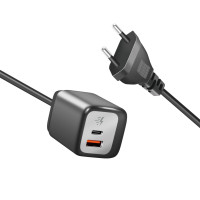 Produktbild för USB-laddare 1xUSB-A + 1xUSB-C med fast kabel 1,5m GaN 30W