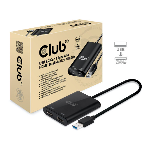 Club 3D CLUB3D USB A to HDMI™ 2.0 Dual Monitor 4K 60Hz