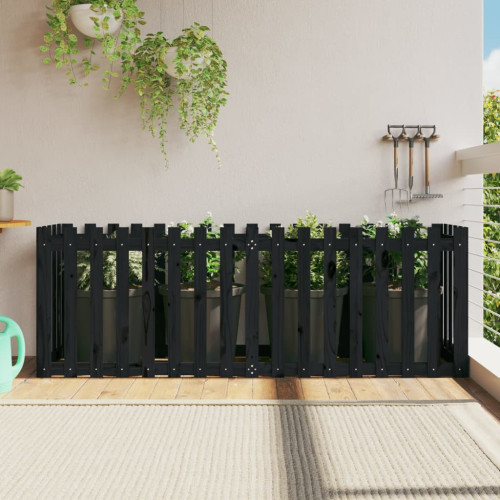 vidaXL Odlingslåda med staket-design svart 200x50x70 cm massiv furu