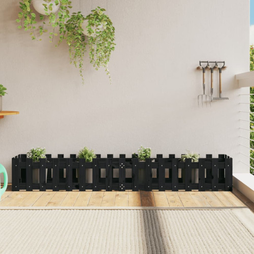 vidaXL Odlingslåda med staket-design svart 200x30x30 cm massiv furu