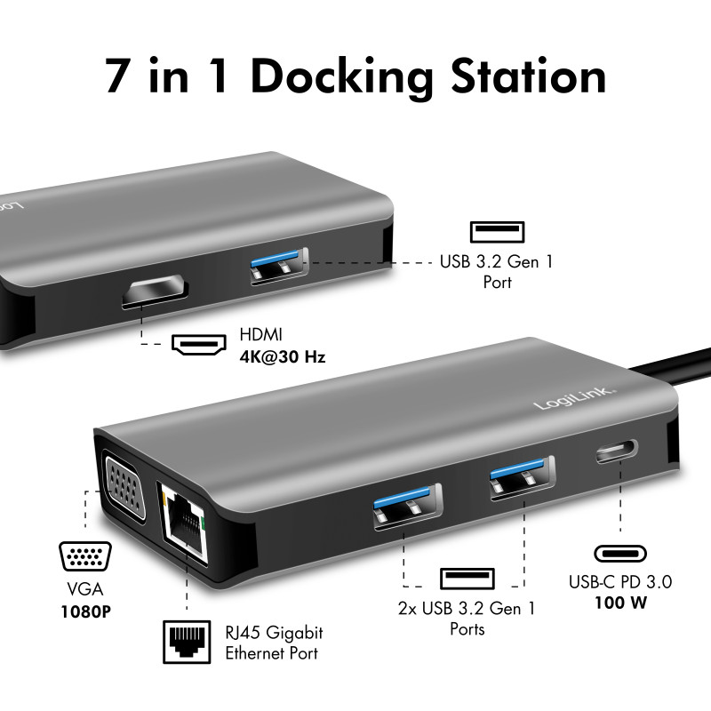 Produktbild för USB-C-dockningsstation 7-i-1 HDMI/VGA/RJ45/USB-C 100W PD