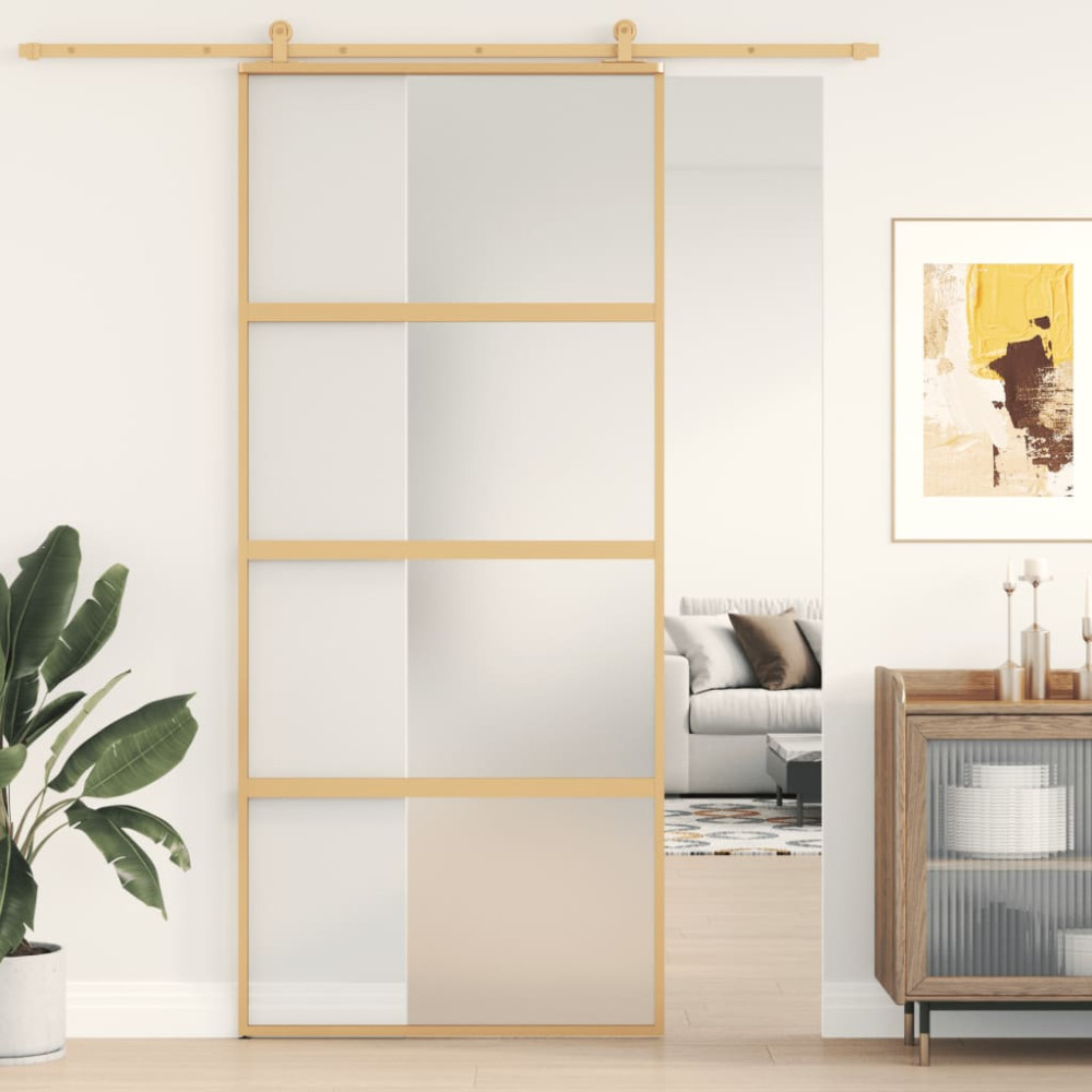 Produktbild för Skjutdörr guld 90x205 cm frostat ESG-glas och aluminium