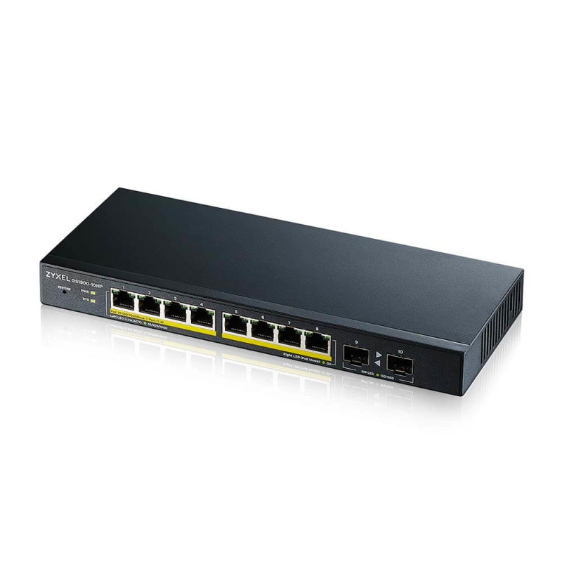Produktbild för Zyxel GS1900-10HP hanterad L2 Gigabit Ethernet (10/100/1000) Strömförsörjning via Ethernet (PoE) stöd Svart