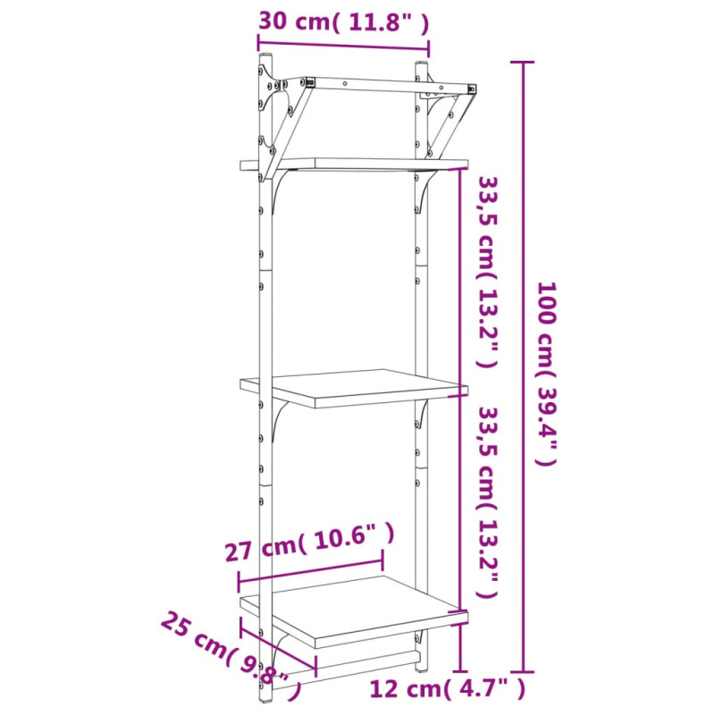 Produktbild för Vägghyllor 3-plan med stänger 2 st sonoma-ek 30x25x100 cm