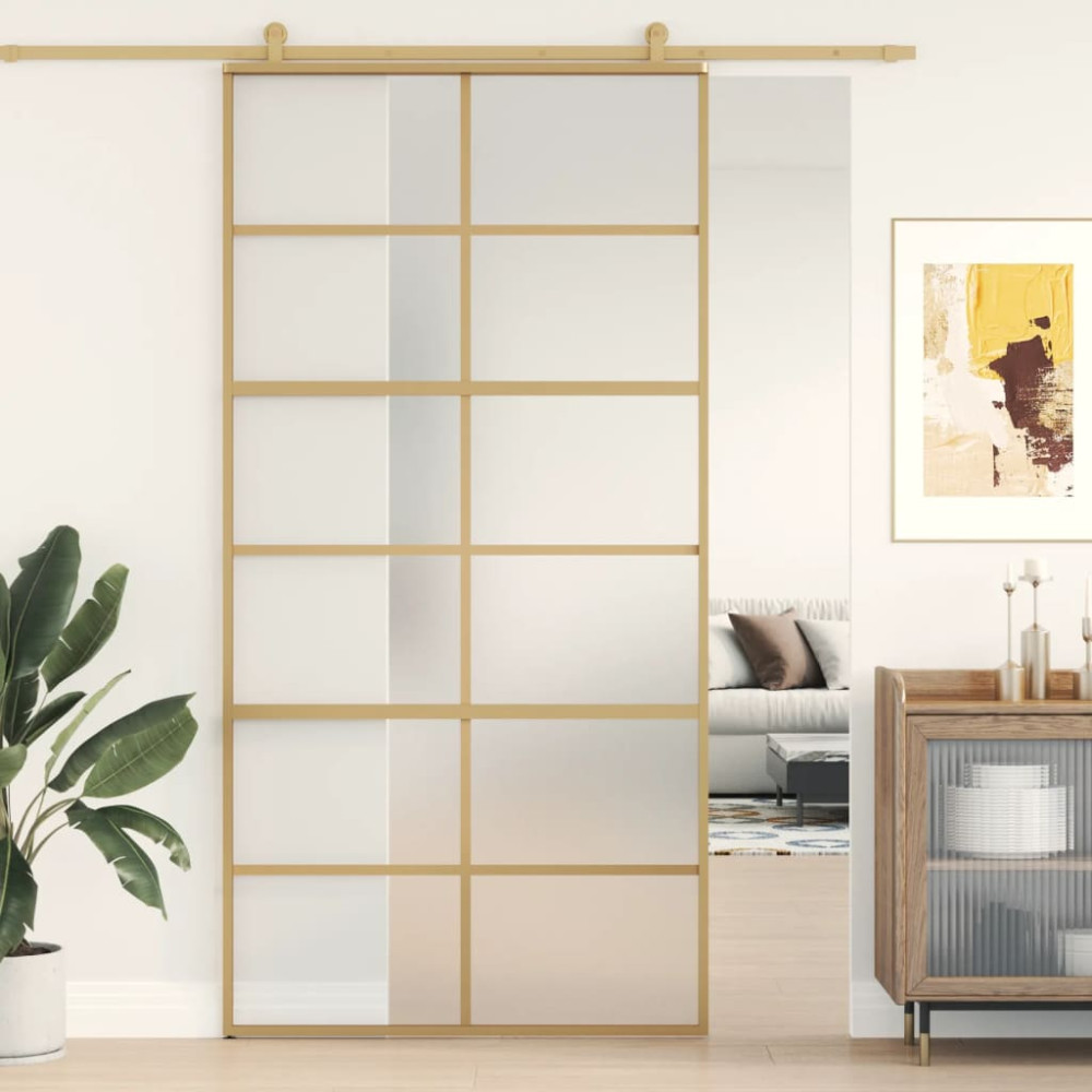 Produktbild för Skjutdörr guld 102,5x205 cm frostat ESG-glas och aluminium