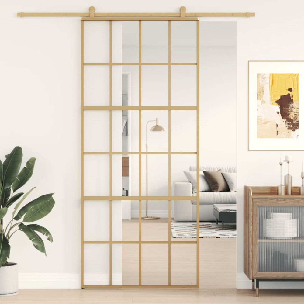 Produktbild för Skjutdörr guld 90x205 cm klart ESG-glas och aluminium