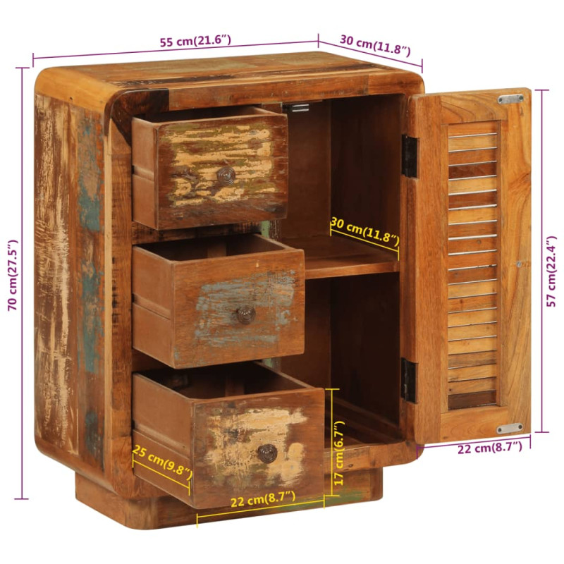 Produktbild för Skänk med 3 dörrar 55x30x70 cm massivt återvunnet trä