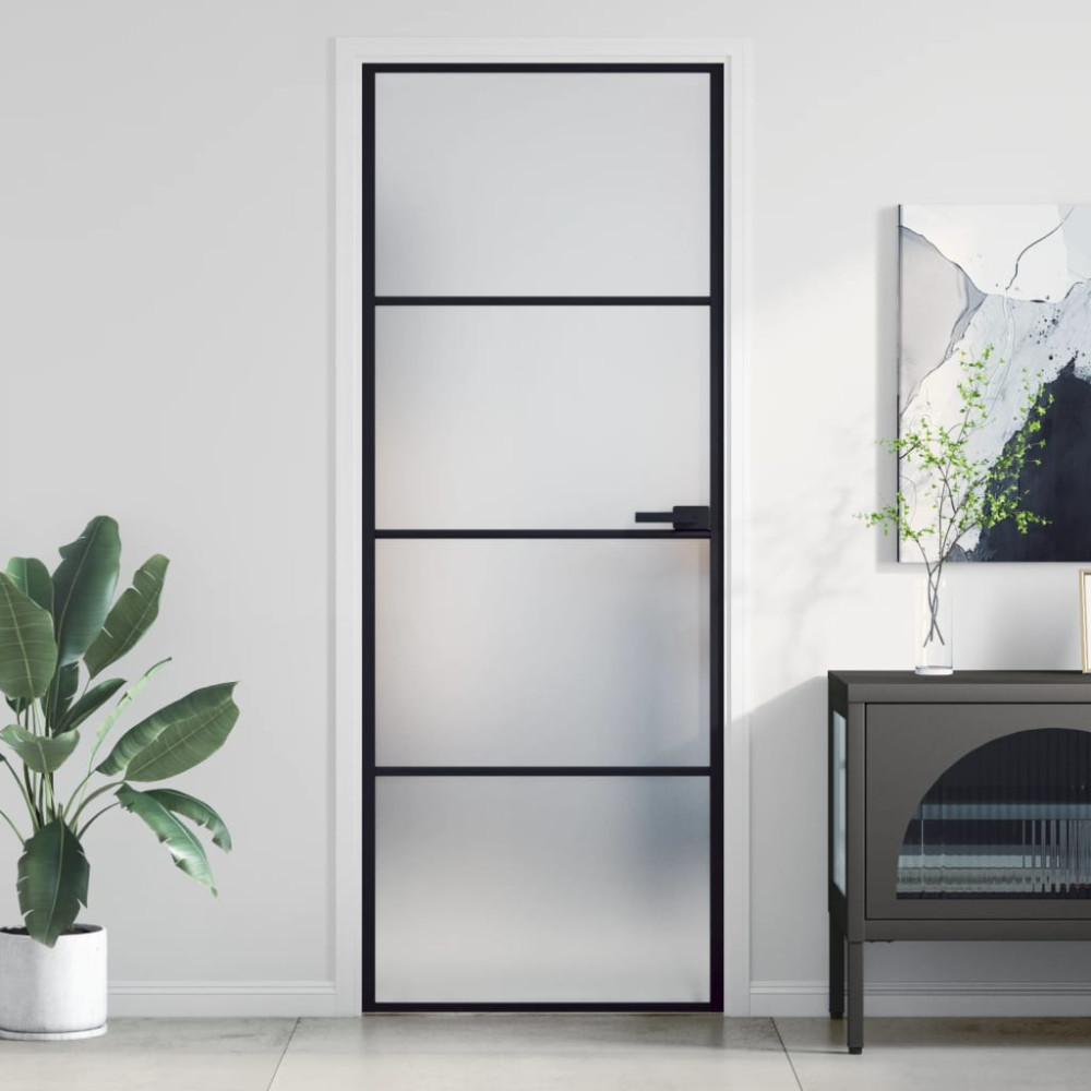 Produktbild för Innerdörr svart 76x201,5 cm härdat glas och aluminium slim