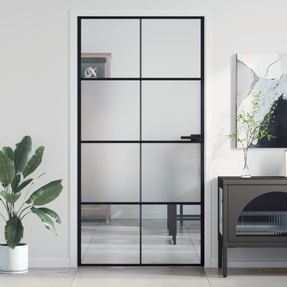 Produktbild för Innerdörr svart 102,5x201,5 cm härdat glas och aluminium slim