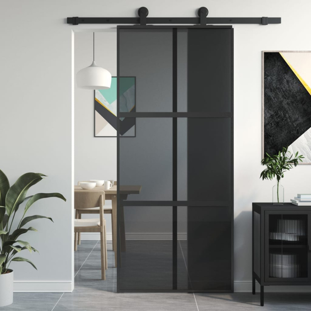 Produktbild för Skjutdörr svart 90x205 cm härdat glas och aluminium