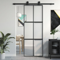 Produktbild för Skjutdörr svart 76x205 cm härdat glas och aluminium