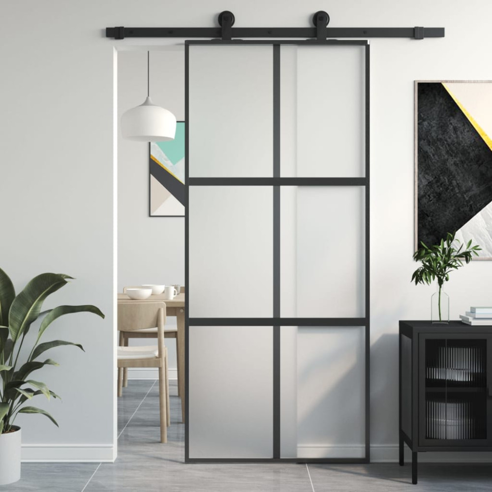 Produktbild för Skjutdörr svart 90x205 cm härdat glas och aluminium
