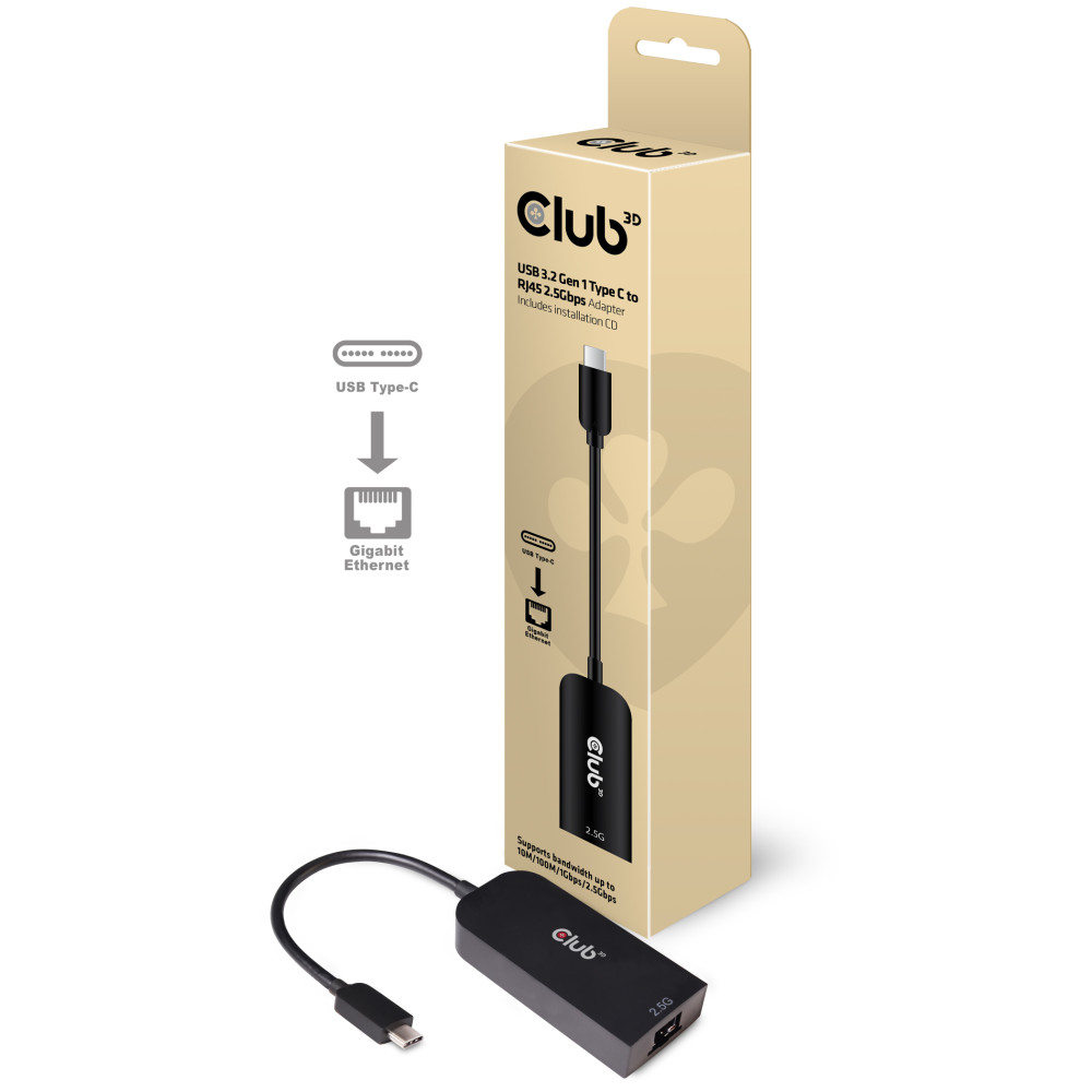 Produktbild för CLUB3D CAC-1520 kabelomvandlare (hane/hona) USB C Ethernet Svart