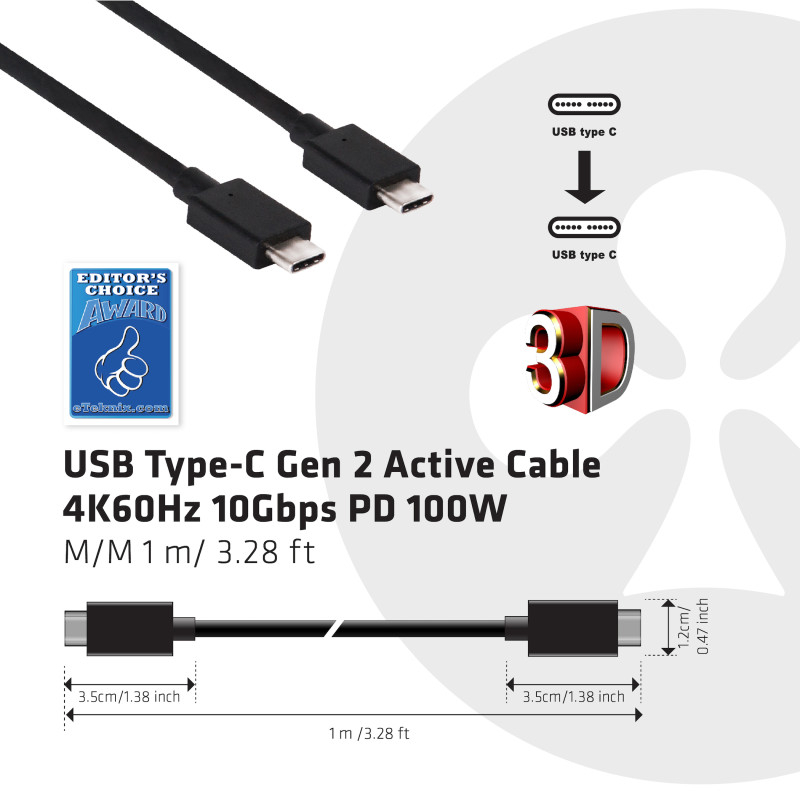Produktbild för CLUB3D USB Type-C Cable M/M 0.8Meter Active PD ~100Watt 4K60Hz
