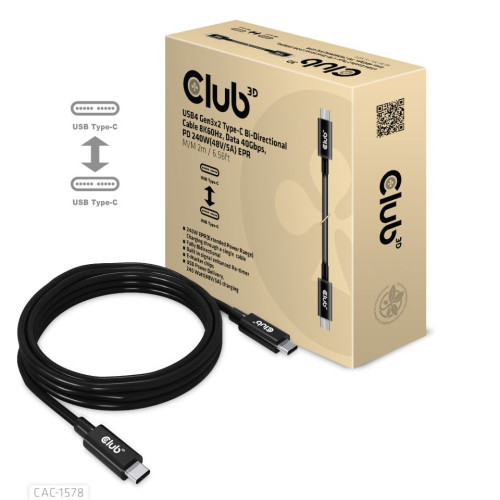Club 3D CLUB3D USB4 Gen3x2 Type-C Bi-Directional Cable 8K60Hz, Data 40Gbps, PD 240W(48V/5A) EPR M/M 2m / 6.56ft