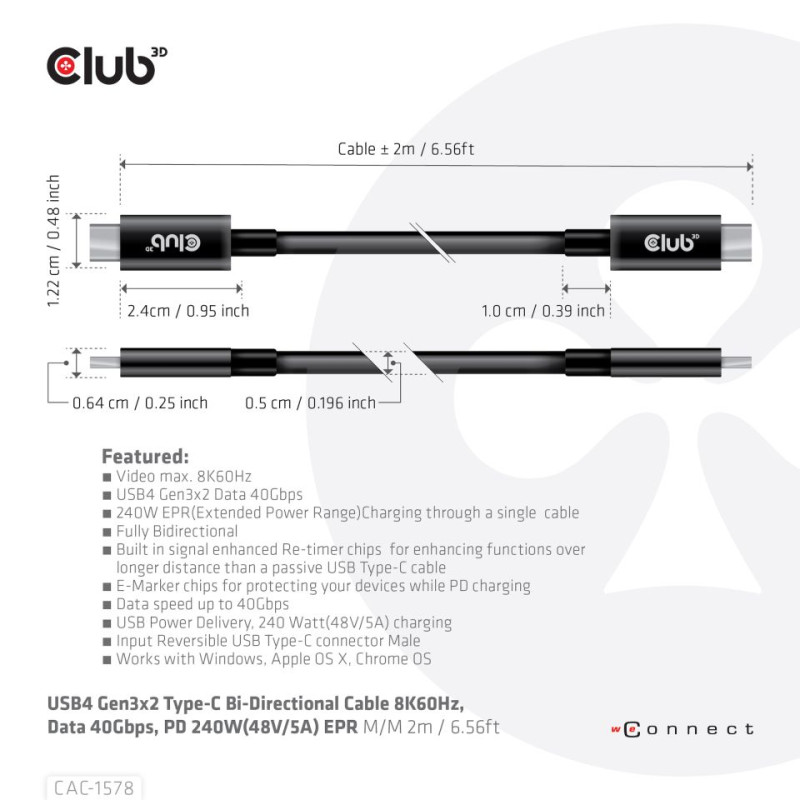 Produktbild för CLUB3D USB4 Gen3x2 Type-C Bi-Directional Cable 8K60Hz, Data 40Gbps, PD 240W(48V/5A) EPR M/M 2m / 6.56ft