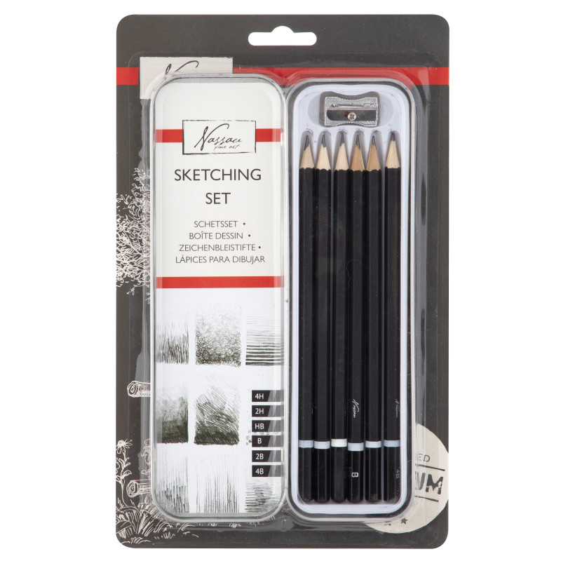 Produktbild för Teckningsset i metallask : 6 blyertspennor + pennvässare