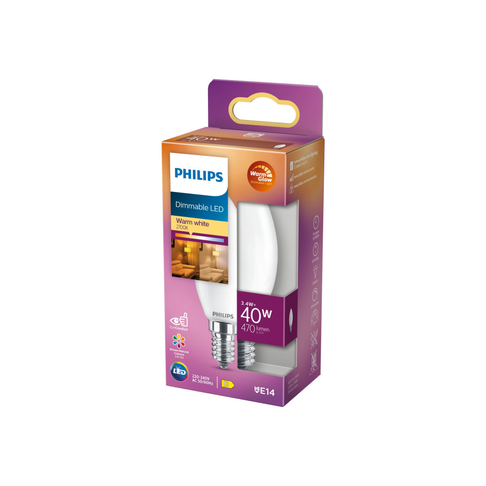 Produktbild för Philips - LED-glödlampa - form: B35 - glaserad finish - E14 - 3.4 W - varmt vitt ljus - 2200-2700 K