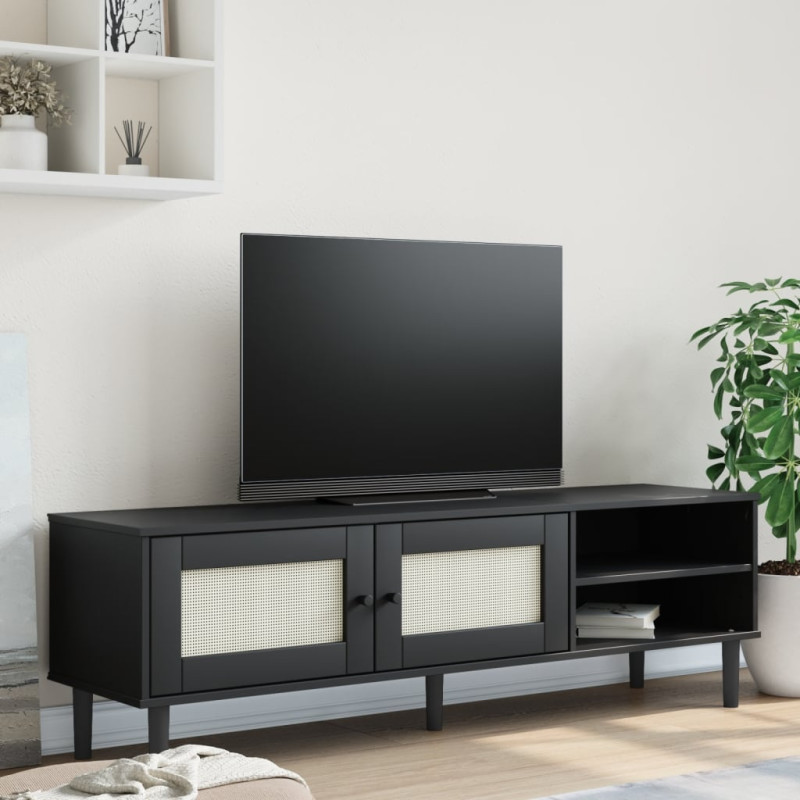Produktbild för Tv-bänk SENJA rottinglook svart 158x40x49 cm massiv furu