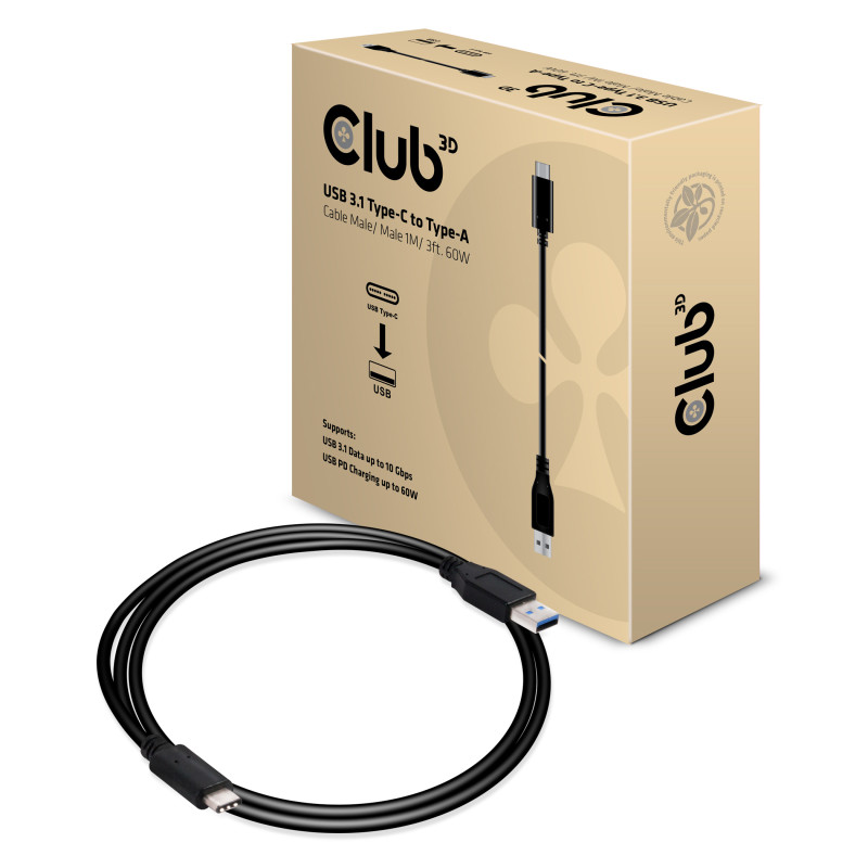 Produktbild för CLUB3D USB Type-C to Type-A Cable Male/Male 1Meter 60Watt