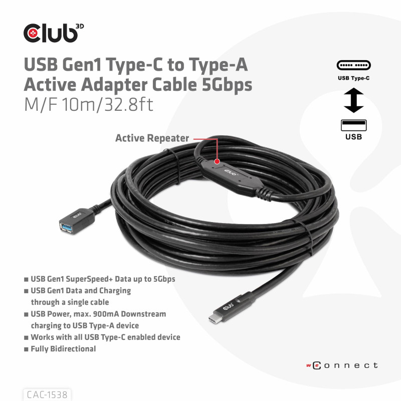 Produktbild för CLUB3D CAC-1538 USB-kablar 10 m USB 3.2 Gen 1 (3.1 Gen 1) USB C USB A Svart