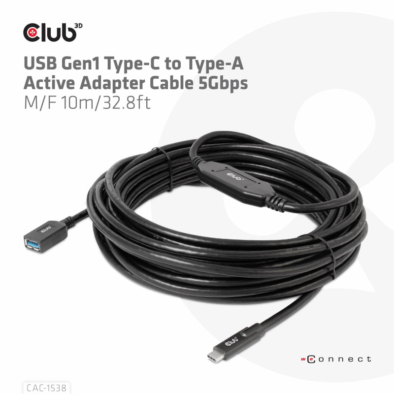 Produktbild för CLUB3D CAC-1538 USB-kablar 10 m USB 3.2 Gen 1 (3.1 Gen 1) USB C USB A Svart