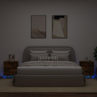 Miniatyr av produktbild för Sängbord med LED-lampor 2 st rökfärgad ek konstruerat trä